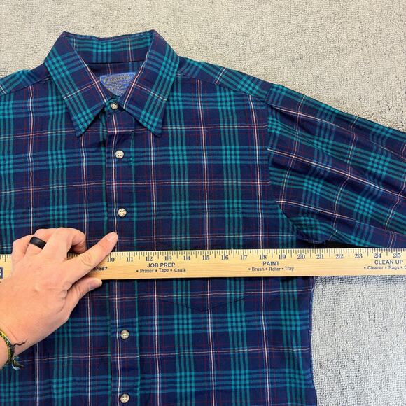 Vintage Pendleton Men's Button Up Shirt Blue/Green Medium Plaid 100% Virgin Wool - Picture 5 of 9